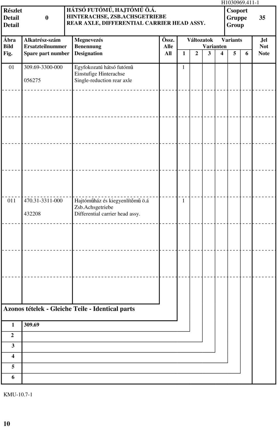 Spare part number Designation All Note 0 09.9-00-000 07 Egyfokozatú hátsó futómő Einstufige Hinterachse Single-reduction rear axle 0 70.