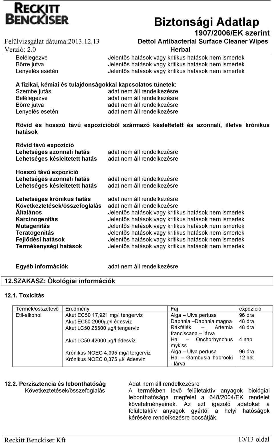 hatás Lehetséges krónikus hatás Következtetések/összefoglalás Általános Karcinogenitás Mutagenitás Teratogenitás Fejlődési hatások Termékenységi hatások Egyéb információk 12.