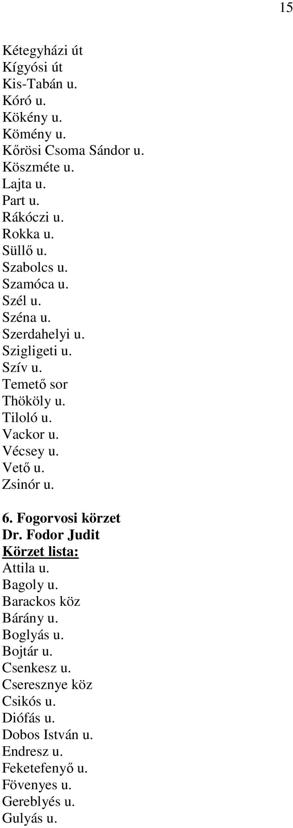 Tiloló u. Vackor u. Vécsey u. Vetı u. Zsinór u. 6. Fogorvosi körzet Dr. Fodor Judit Attila u. Bagoly u. Barackos köz Bárány u.