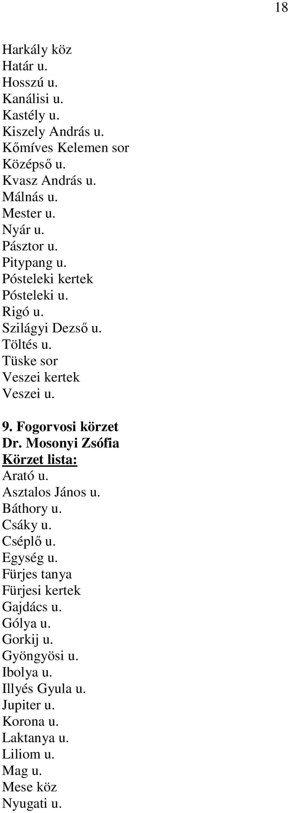 Tüske sor Veszei kertek Veszei u. 9. Fogorvosi körzet Dr. Mosonyi Zsófia Arató u. Asztalos János u. Báthory u. Csáky u. Cséplı u.