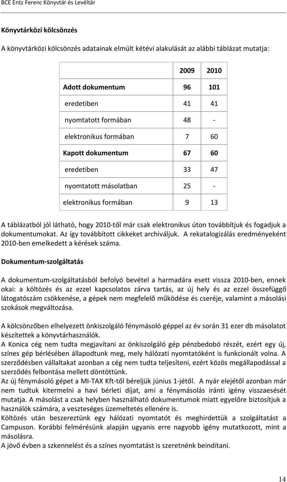 továbbítjuk és fogadjuk a dokumentumokat. Az így továbbított cikkeket archiváljuk. A rekatalogizálás eredményeként 2010-ben emelkedett a kérések száma.