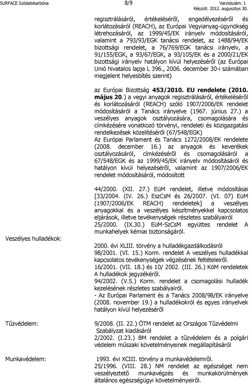 hatályon kívül helyezéséről (az Európai Unió hivatalos lapja L 396., 2006. december 30-i számában megjelent helyesbítés szerint) az Európai Bizottság 453/2010. EU rendelete (2010. május 20.