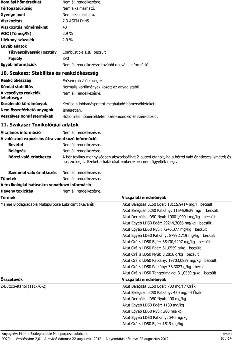 7,3 ASTM D445 VOC (Tömeg%) 2,9 % Illékony százalék 2,9 % Egyéb adatok Tűzveszélyességi osztály Combustible IIIB becsült Fajsúly 890 Egyéb információk Nem áll rendelkezésre további releváns információ.