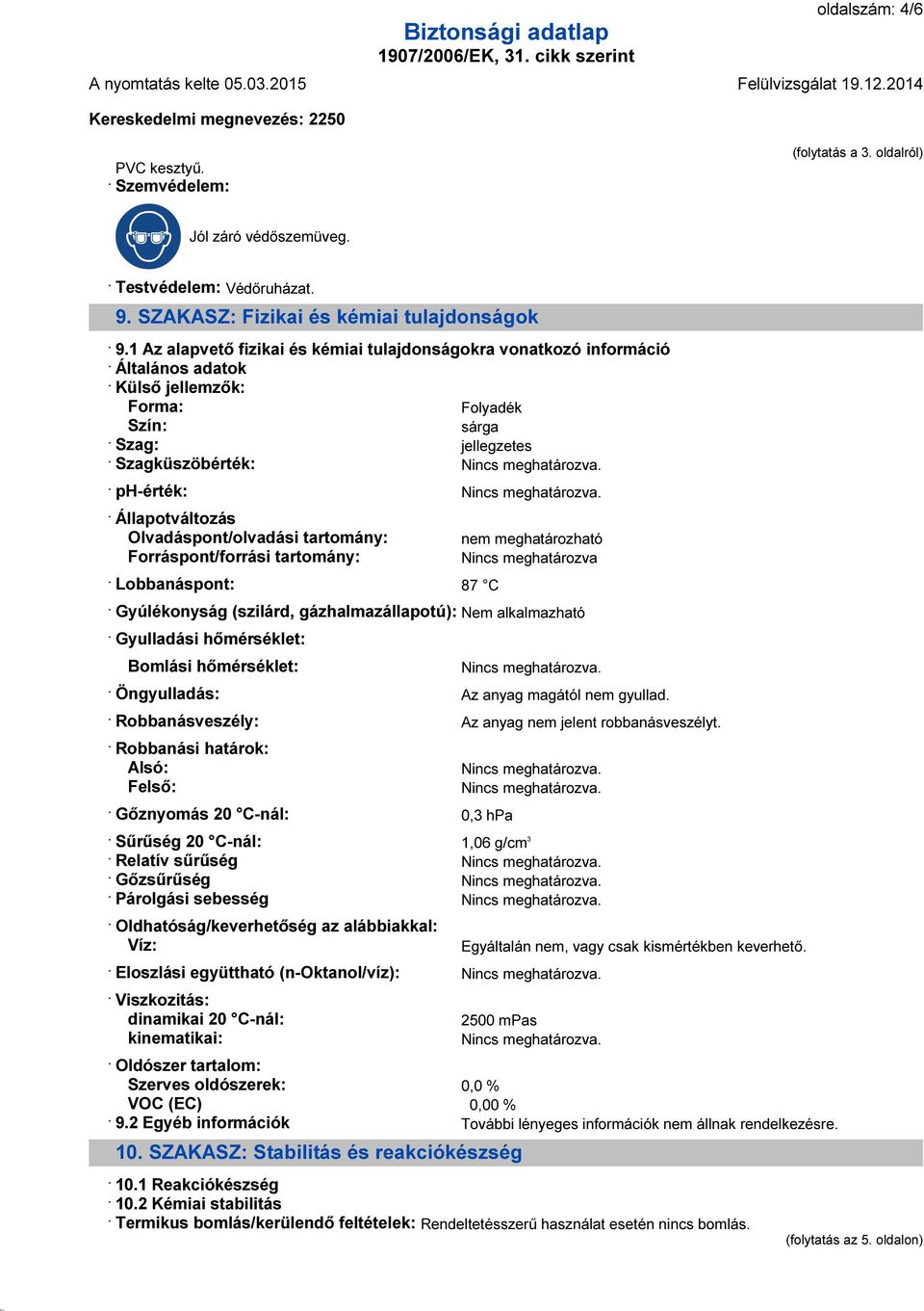 oldalról) ph-érték: Állapotváltozás Olvadáspont/olvadási tartomány: nem meghatározható Forráspont/forrási tartomány: Nincs meghatározva Lobbanáspont: 87 C Gyúlékonyság (szilárd, gázhalmazállapotú):