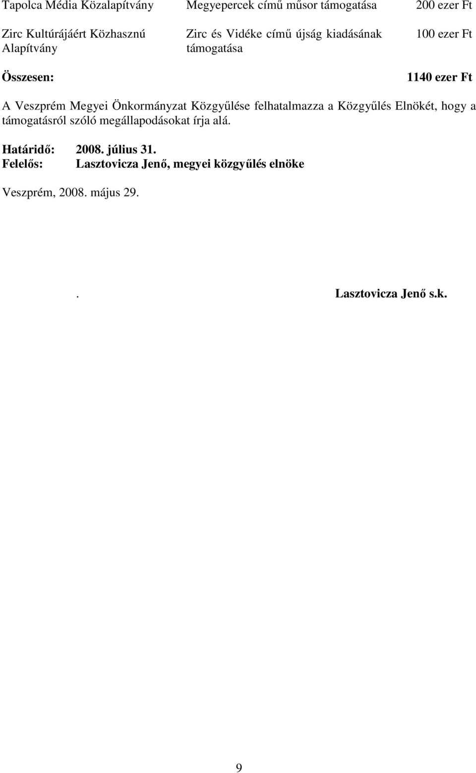 Közgyűlés Elnökét, hogy a támogatásról szóló megállapodásokat írja alá. Határidő: 2008. július 31.