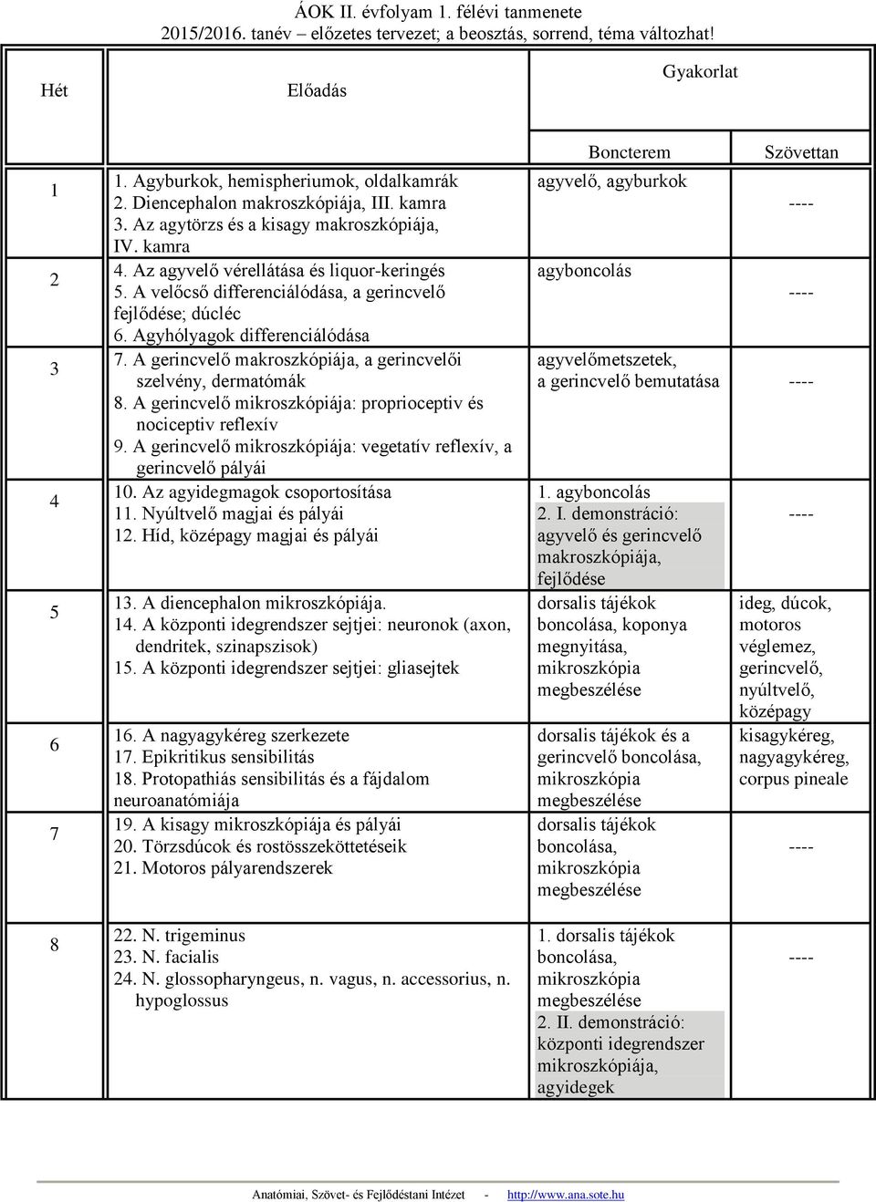 A velőcső differenciálódása, a gerincvelő fejlődése; dúcléc 6. Agyhólyagok differenciálódása 7. A gerincvelő makroszkópiája, a gerincvelői szelvény, dermatómák 8.