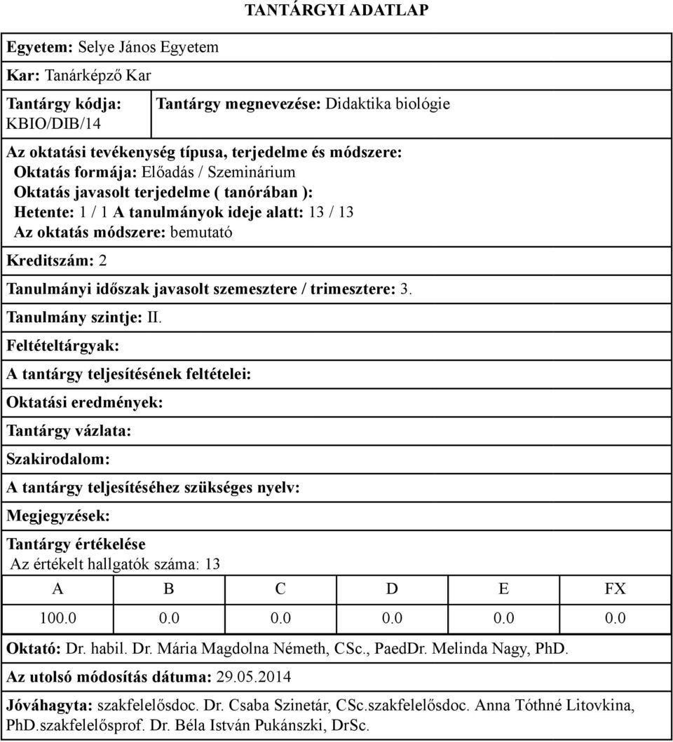 szemesztere / trimesztere: 3. Az értékelt hallgatók száma: 13 100.0 0.0 0.0 0.0 0.0 0.0 Oktató: Dr.