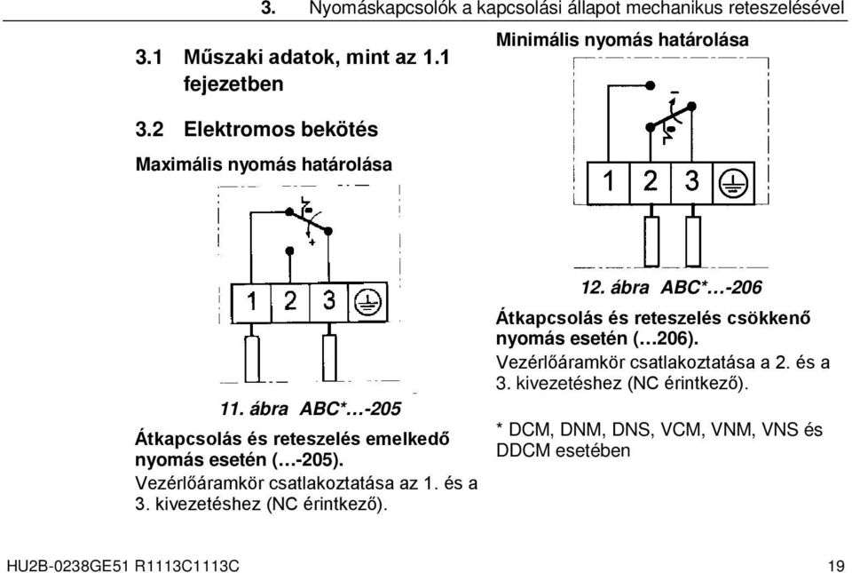 ábra ABC* -205 Átkapcsolás és reteszelés emelkedő nyomás esetén ( -205). Vezérlőáramkör csatlakoztatása az 1. és a 3.