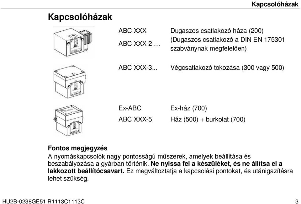 .. Végcsatlakozó tokozása (300 vagy 500) Ex-ABC ABC XXX-5 Ex-ház (700) Ház (500) + burkolat (700) Fontos megjegyzés A nyomáskapcsolók