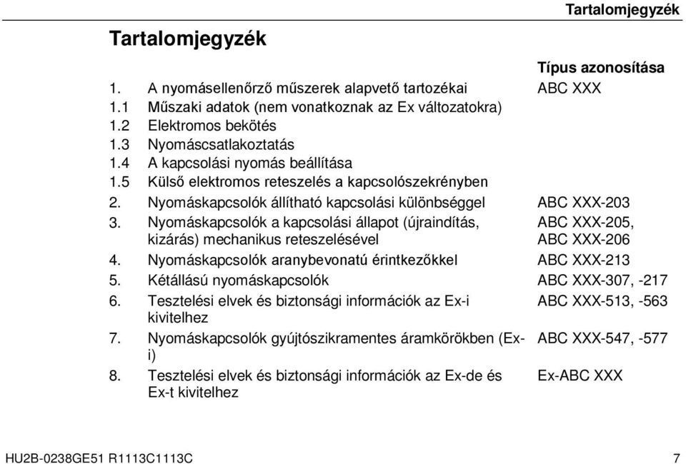 Nyomáskapcsolók a kapcsolási állapot (újraindítás, kizárás) mechanikus reteszelésével ABC XXX-205, ABC XXX-206 4. Nyomáskapcsolók aranybevonatú érintkezőkkel ABC XXX-213 5.