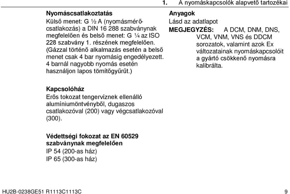 A nyomáskapcsolók alapvető tartozékai Anyagok Lásd az adatlapot MEGJEGYZÉS: A DCM, DNM, DNS, VCM, VNM, VNS és DDCM sorozatok, valamint azok Ex változatainak nyomáskapcsolóit a gyártó csökkenő