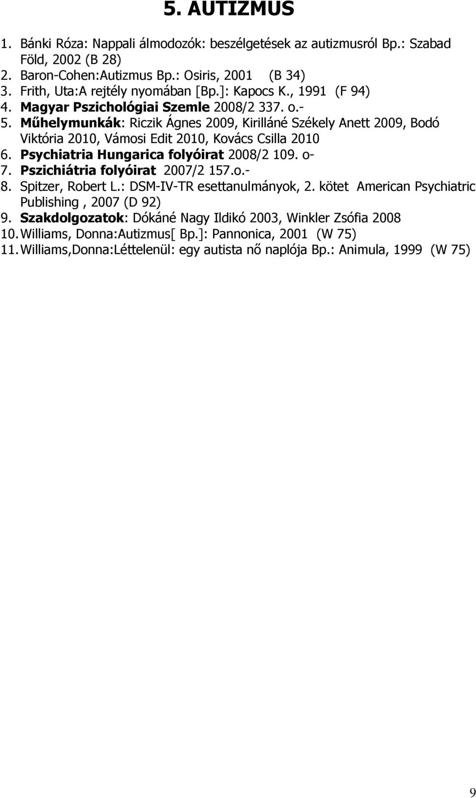 Mőhelymunkák: Riczik Ágnes 2009, Kirilláné Székely Anett 2009, Bodó Viktória 2010, Vámosi Edit 2010, Kovács Csilla 2010 6. Psychiatria Hungarica folyóirat 2008/2 109. o- 7.