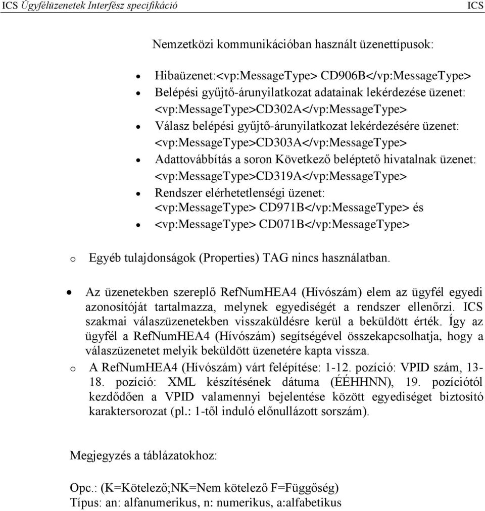 hivatalnak üzenet: <vp:messagetype>cd319a</vp:messagetype> Rendszer elérhetetlenségi üzenet: <vp:messagetype> CD971B</vp:MessageType> és <vp:messagetype> CD071B</vp:MessageType> o Egyéb tulajdonságok