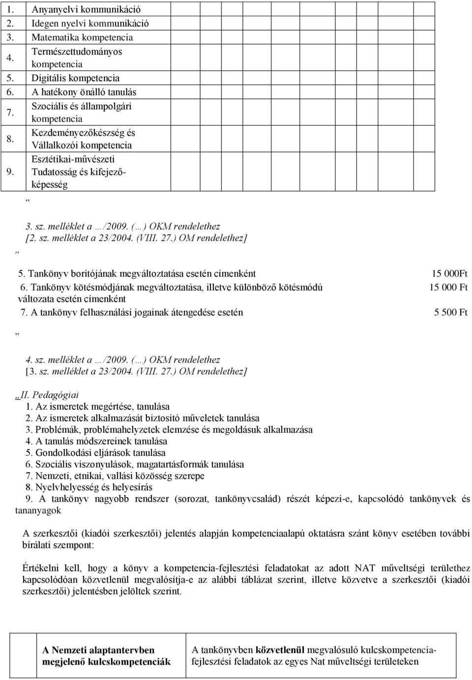 (VIII. 27.) OM rendelethez] 5. Tankönyv borítójának megváltoztatása esetén címenként 15 000Ft 6.