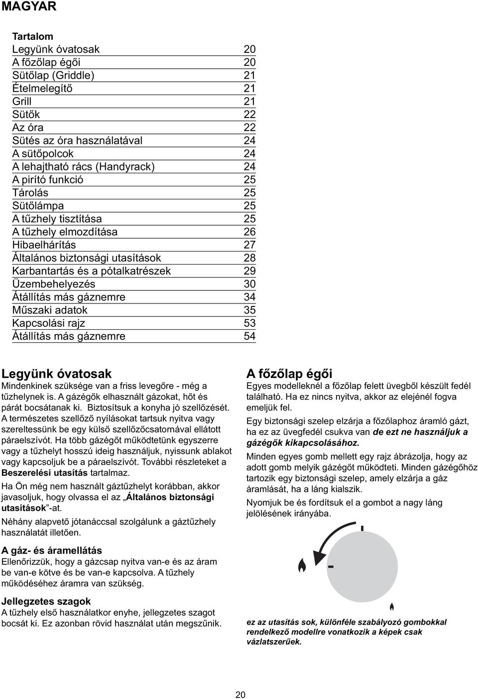 Átállítás más gáznemre 34 Műszaki adatok 35 Kapcsolási rajz 53 Átállítás más gáznemre 54 Legyünk óvatosak Mindenkinek szüksége van a friss levegőre - még a tűzhelynek is.