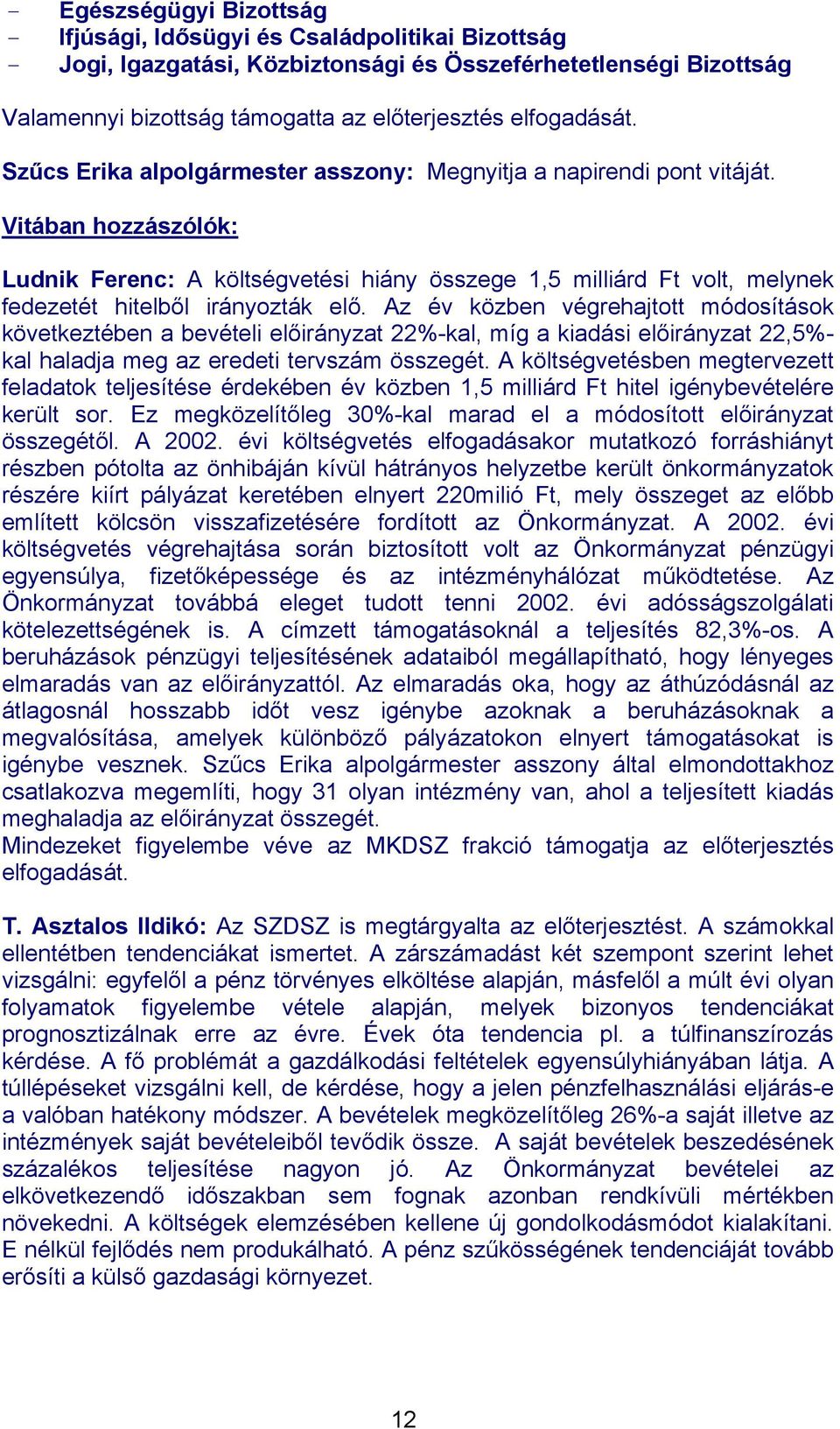 Vitában hozzászólók: Ludnik Ferenc: A költségvetési hiány összege 1,5 milliárd Ft volt, melynek fedezetét hitelből irányozták elő.