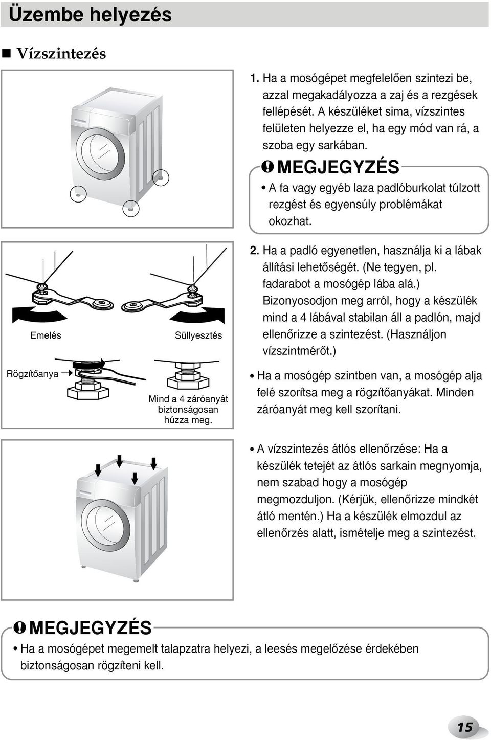 Emelés RögzítŒanya Süllyesztés Mind a 4 záróanyát biztonságosan húzza meg. 2. Ha a padló egyenetlen, használja ki a lábak állítási lehetœségét. (Ne tegyen, pl. fadarabot a mosógép lába alá.