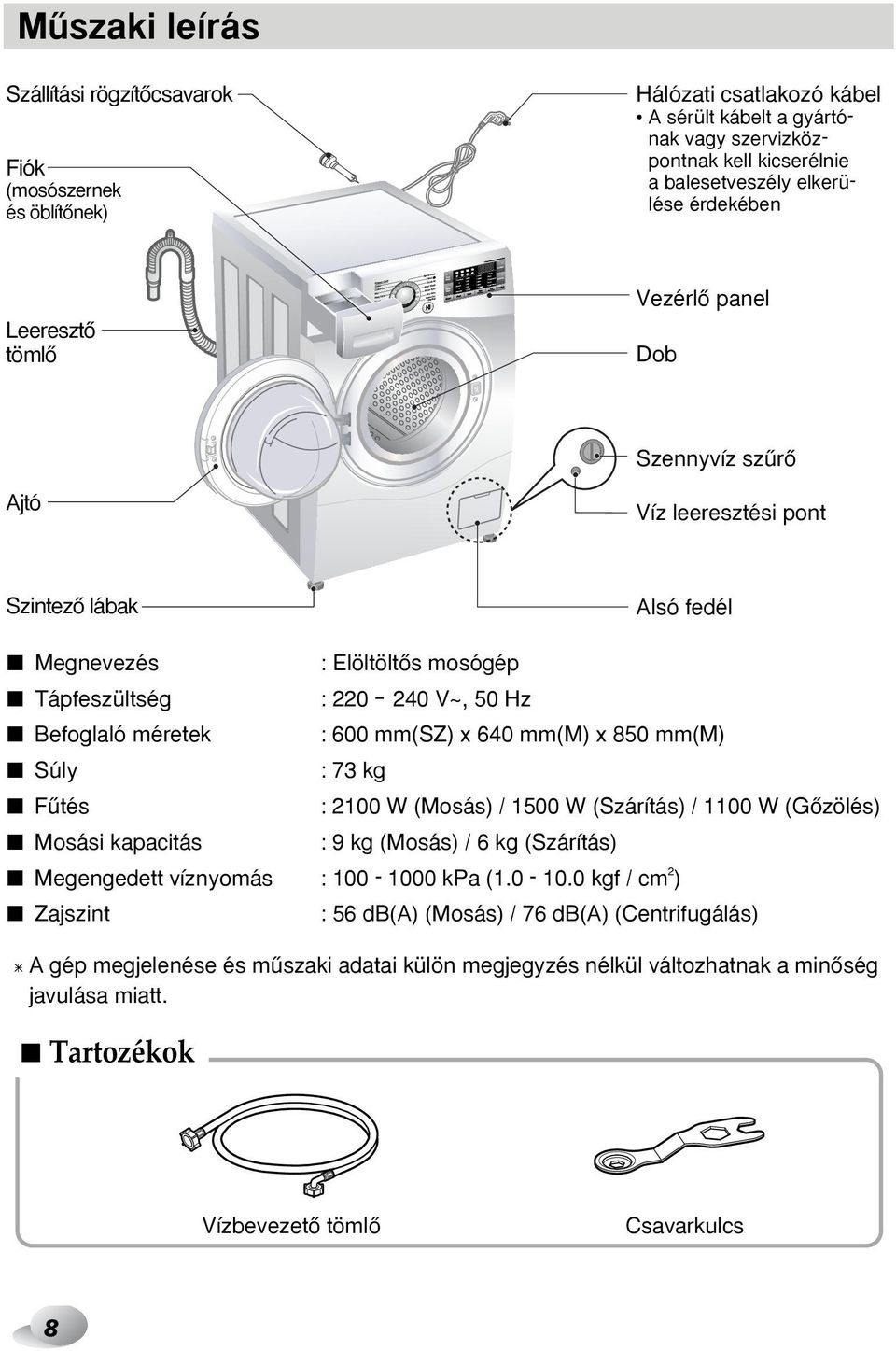 600 mm(sz) x 640 mm(m) x 850 mm(m) Súly : 73 kg Fıtés : 2100 W (Mosás) / 1500 W (Szárítás) / 1100 W (GŒzölés) Mosási kapacitás : 9 kg (Mosás) / 6 kg (Szárítás) Megengedett víznyomás : 100-1000 kpa (1.