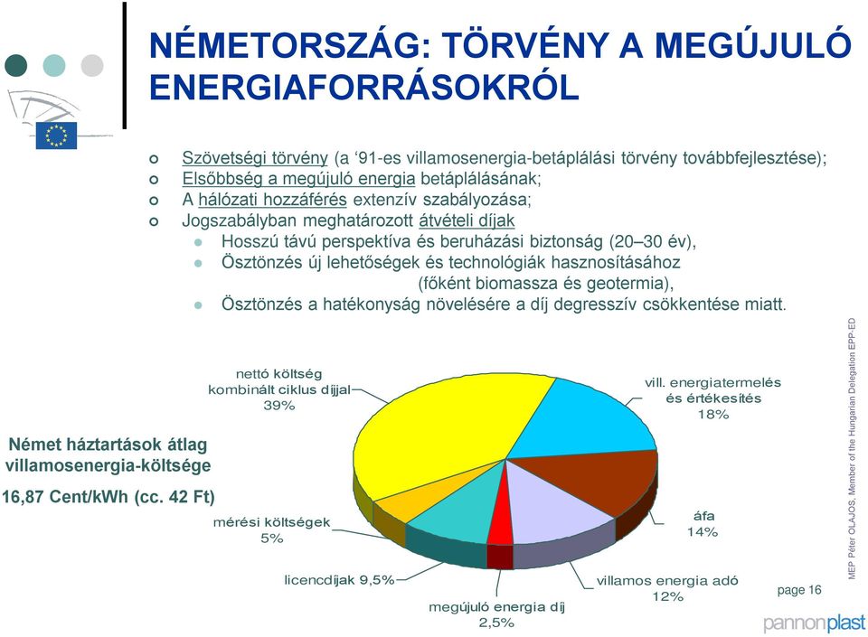 hasznosításához (fõként biomassza és geotermia), Ösztönzés a hatékonyság növelésére a díj degresszív csökkentése miatt. Német háztartások átlag villamosenergia-költsége 16,87 Cent/kWh (cc.