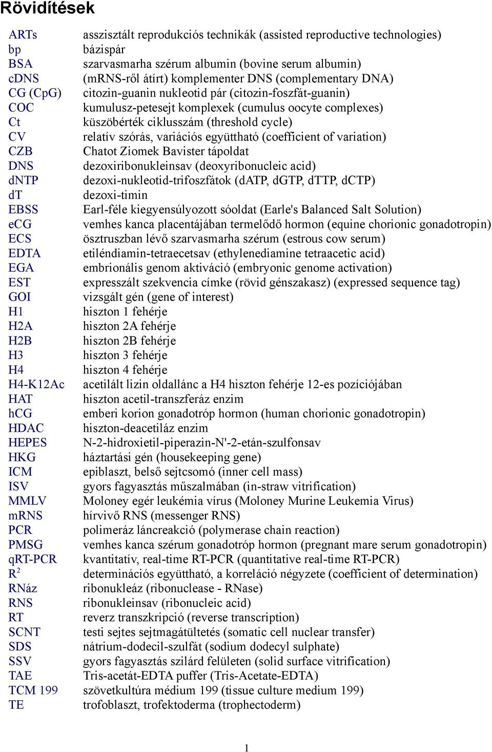 (complementary DNA) citozin-guanin nukleotid pár (citozin-foszfát-guanin) kumulusz-petesejt komplexek (cumulus oocyte complexes) küszöbérték ciklusszám (threshold cycle) relatív szórás, variációs