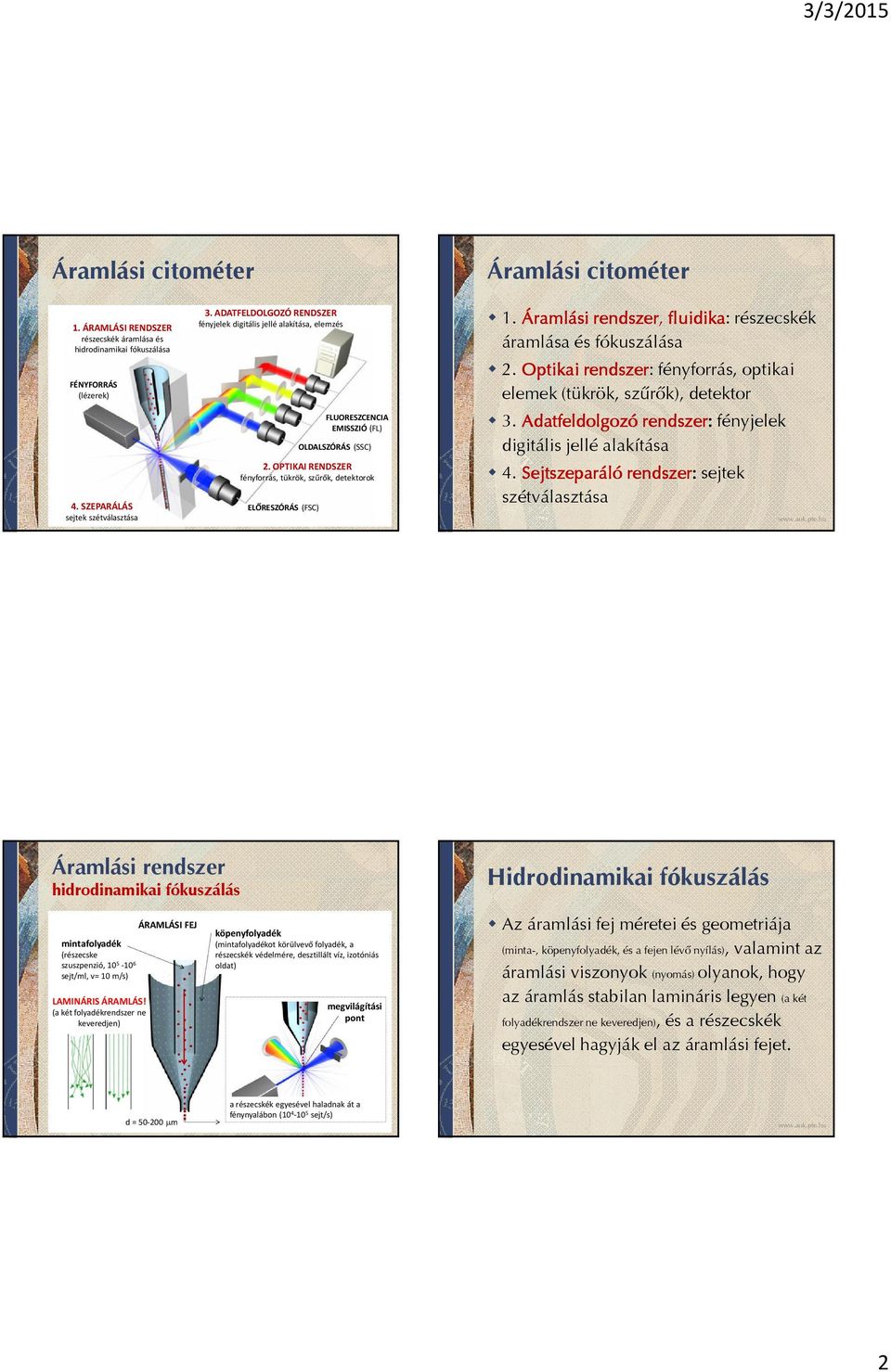 Áramlási rendszer, fluidika: részecskék áramlása és fókuszálása 2. Optikai rendszer: fényforrás, optikai elemek (tükrök, szûrõk), detektor 3.