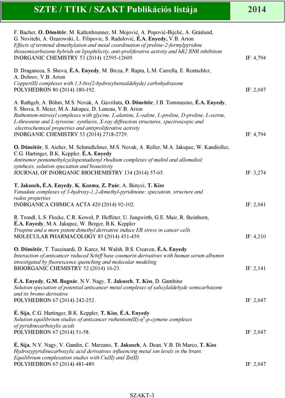 IF: 4,794 D. Dragancea, S. Shova, É.A. Enyedy, M. Breza, P. Rapta, L.M. Carrella, E. Rentschler, A. Dobrov, V.B. Arion Copper(II) complexes with 1,5-bis(2-hydroxybenzaldehyde) carbohydrazone POLYHEDRON 80 (2014) 180-192.