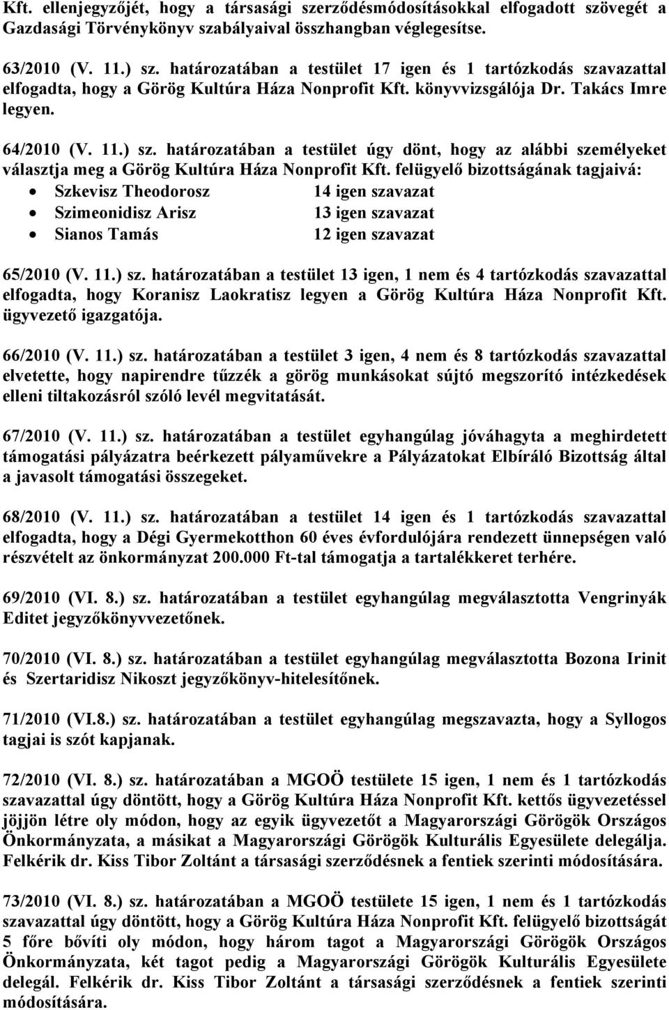 határozatában a testület úgy dönt, hogy az alábbi személyeket választja meg a Görög Kultúra Háza Nonprofit Kft.