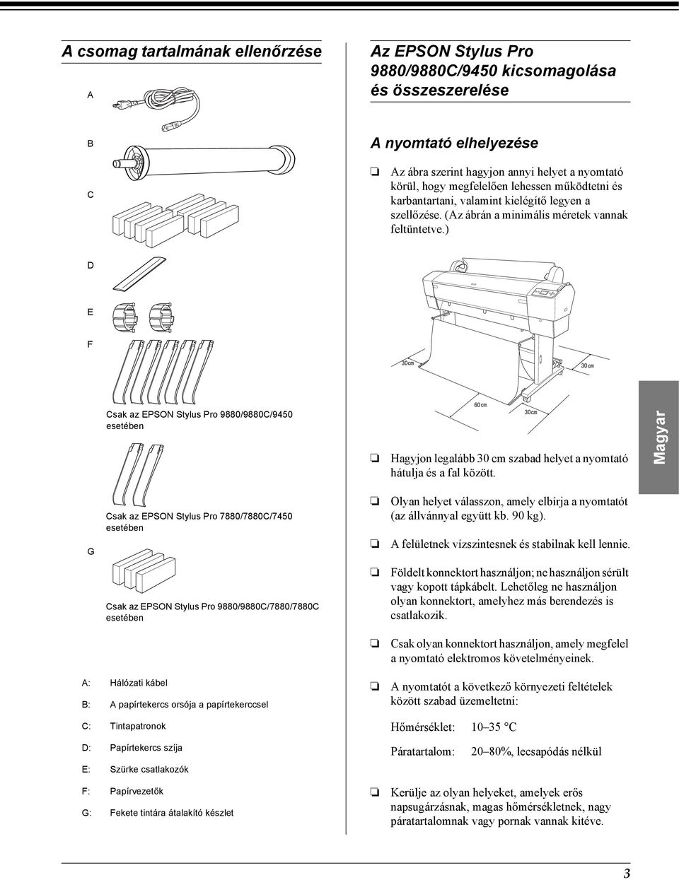 ) D E F Česky Csak az EPSON Stylus Pro 9880/9880C/9450 esetében Hagyjon legalább 30 cm szabad helyet a nyomtató hátulja és a fal között.