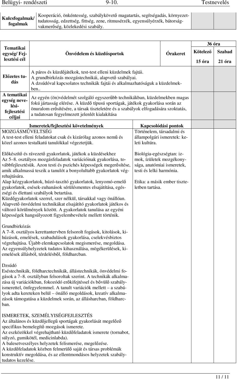 Tematikai egység/ Fejlesztési cél Önvédelem és küzdősportok Órakeret 36 óra Kötelező Szabad 15 óra 21 óra Előzetes tudás A tematikai egység nevelésifejlesztési céljai A páros és küzdőjátékok,