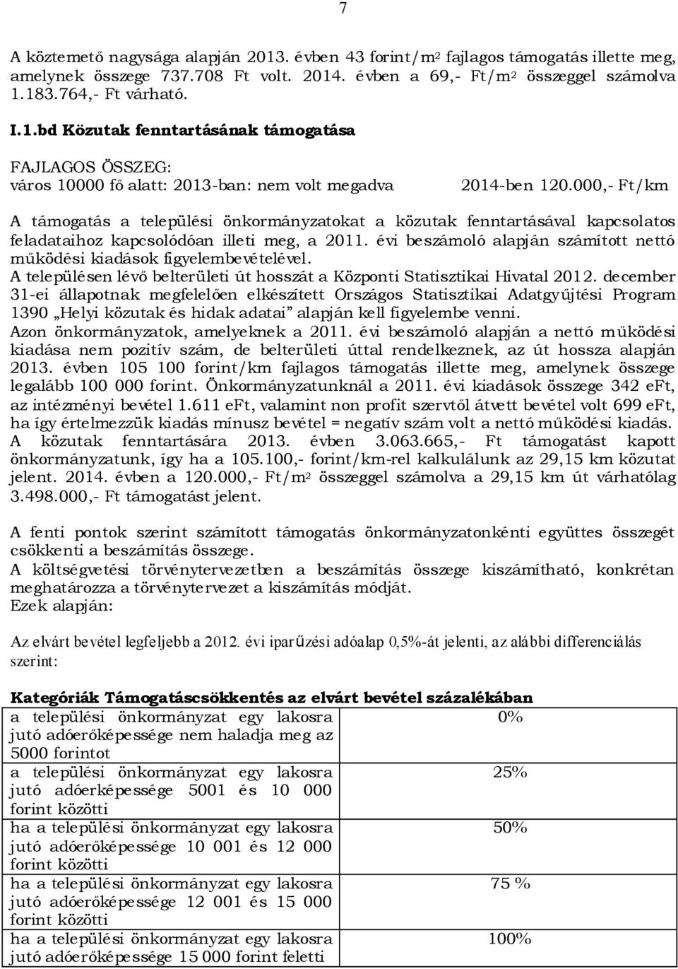 évi beszámoló alapján számított nettó működési kiadások figyelembevételével. A településen lévő belterületi út hosszát a Központi Statisztikai Hivatal 2012.