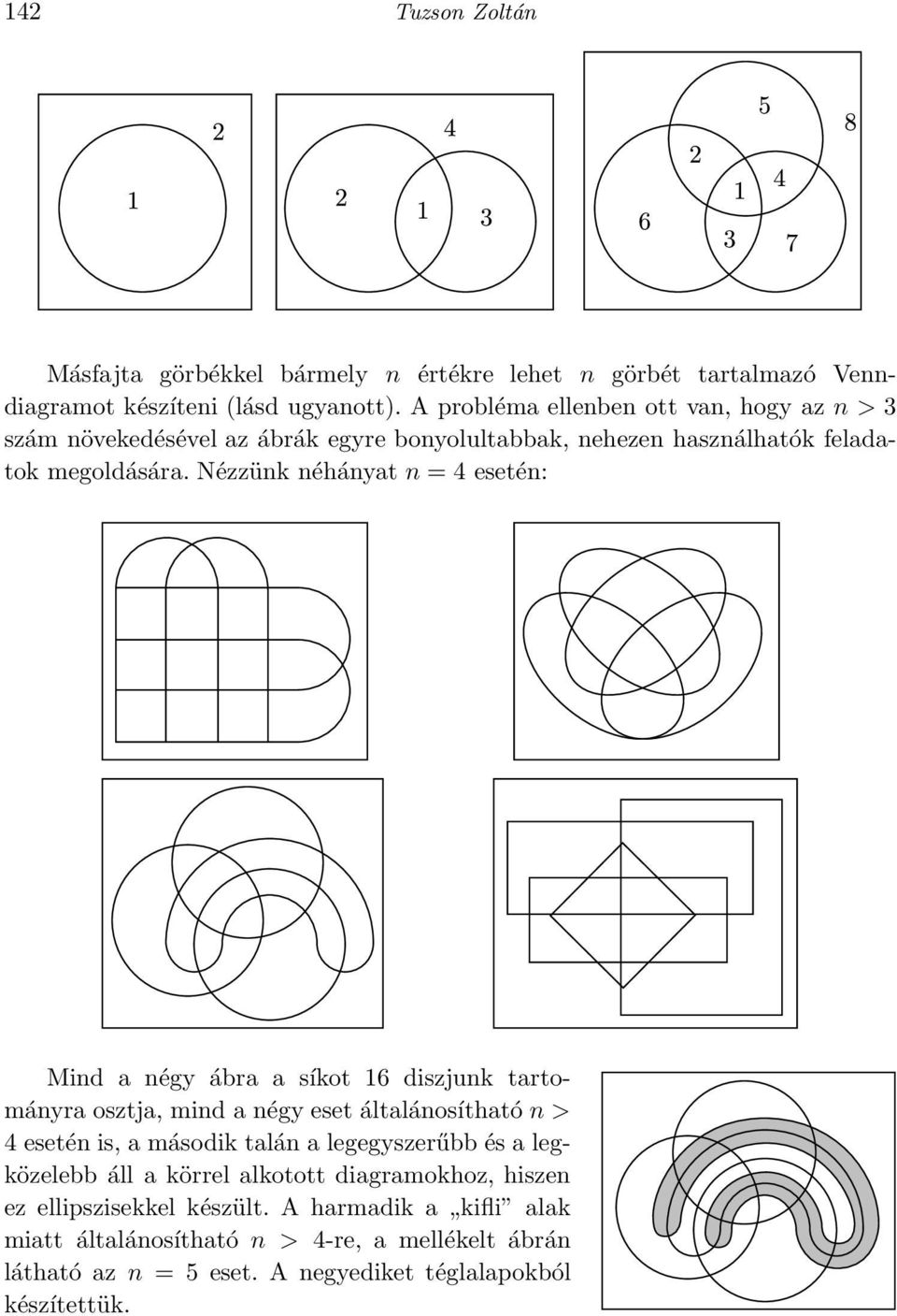 Nézzünk néhányat n = 4 esetén: Mind a négy ábra a síkot 16 diszjunk tartományra osztja, mind a négy eset általánosítható n > 4 esetén is, a második talán a