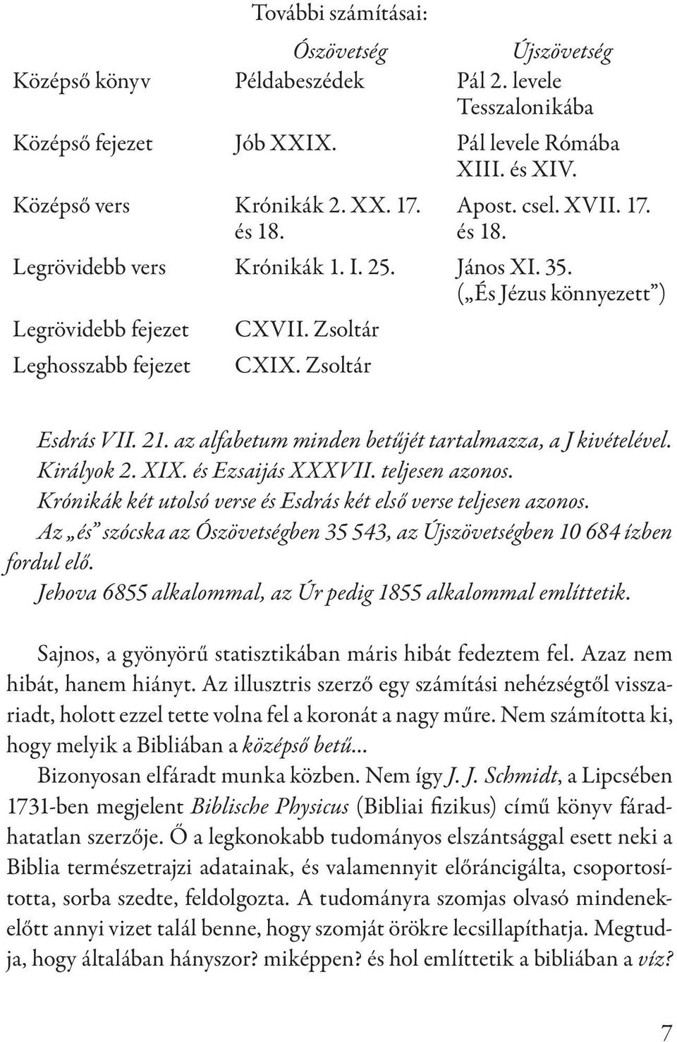 az alfabetum minden betűjét tartalmazza, a J kivételével. Királyok 2. XIX. és Ezsaijás XXXVII. teljesen azonos. Krónikák két utolsó verse és Esdrás két első verse teljesen azonos.