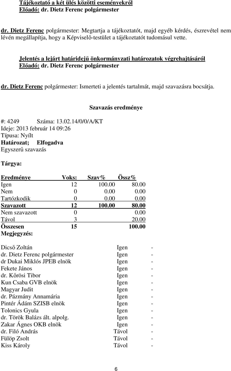 Jelentés a lejárt határidejű önkormányzati határozatok végrehajtásáról Előadó: dr. Dietz Ferenc polgármester dr. Dietz Ferenc polgármester: Ismerteti a jelentés tartalmát, majd szavazásra bocsátja.