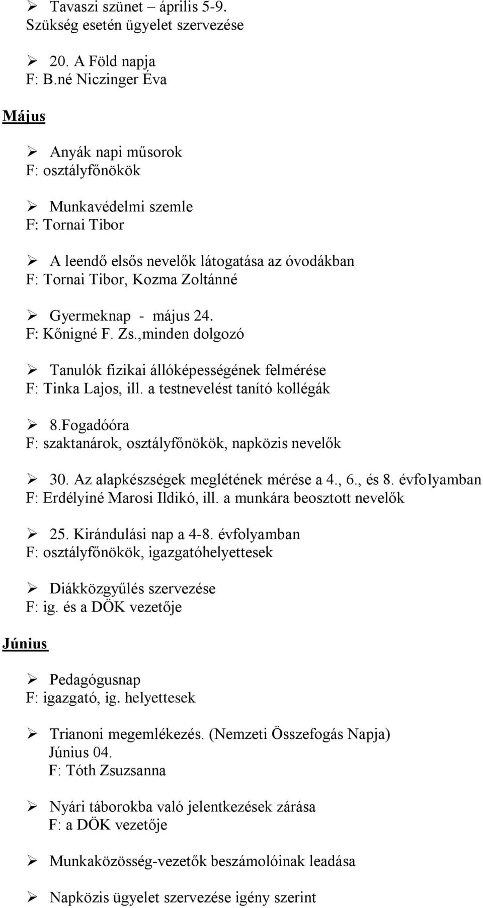 F: Kőnigné F. Zs.,minden dolgozó Tanulók fizikai állóképességének felmérése F: Tinka Lajos, ill. a testnevelést tanító kollégák 8.Fogadóóra F: szaktanárok, osztályfőnökök, napközis nevelők 30.