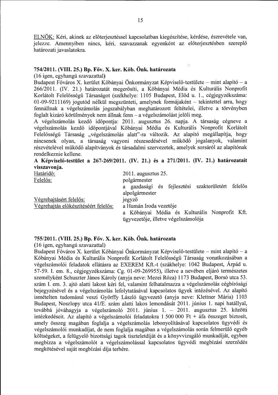 határozata (16 igen, egyhangú szavazattal) Budapest Főváros X. kerület Kőbányai Önkormányzat Képviselő-testülete-mint alapító- a 266/2011. (IV. 21.