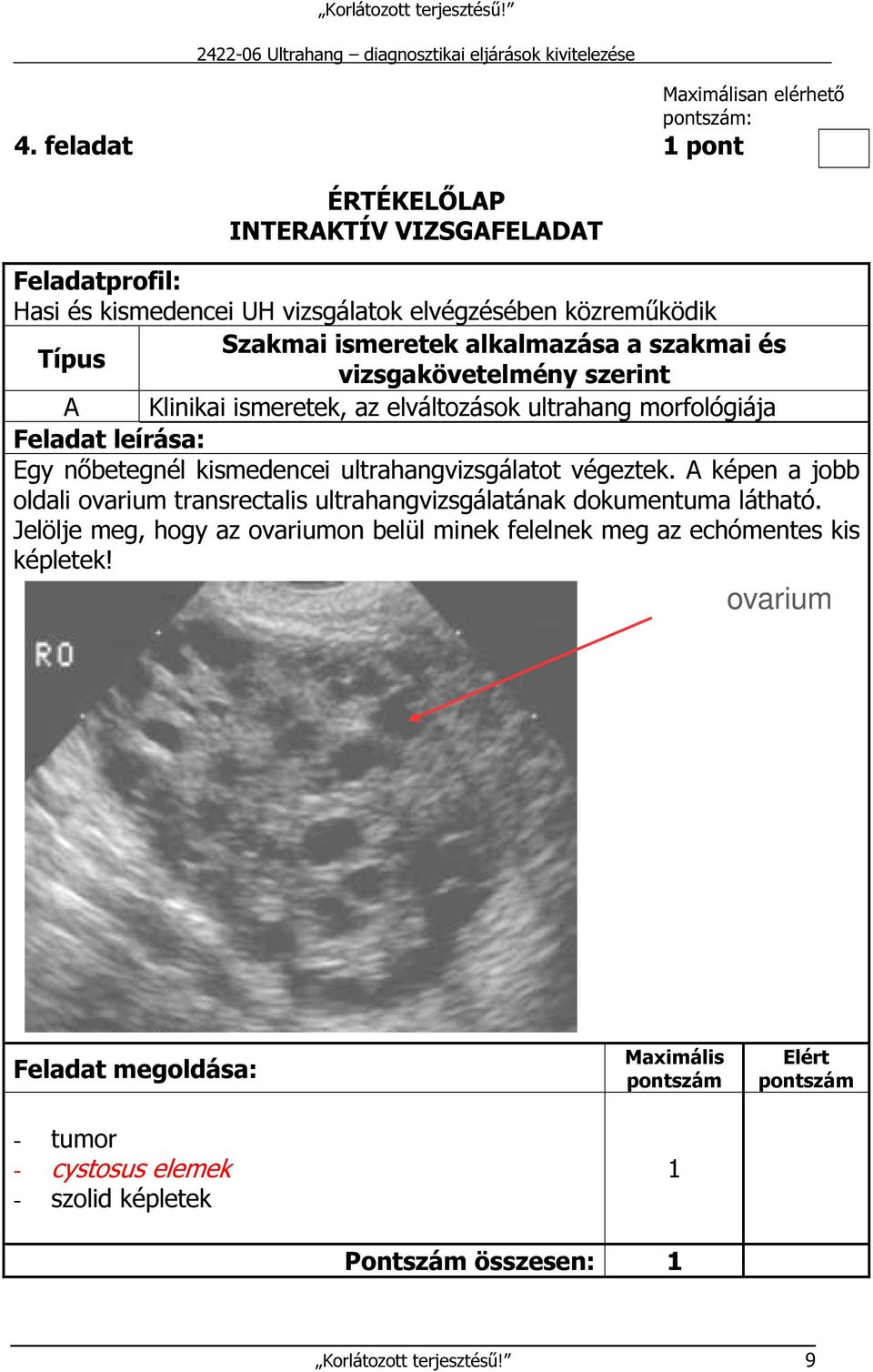 és Típus vizsgakövetelmény szerint A Klinikai ismeretek, az elváltozások ultrahang morfológiája Feladat leírása: Egy nőbetegnél kismedencei ultrahangvizsgálatot