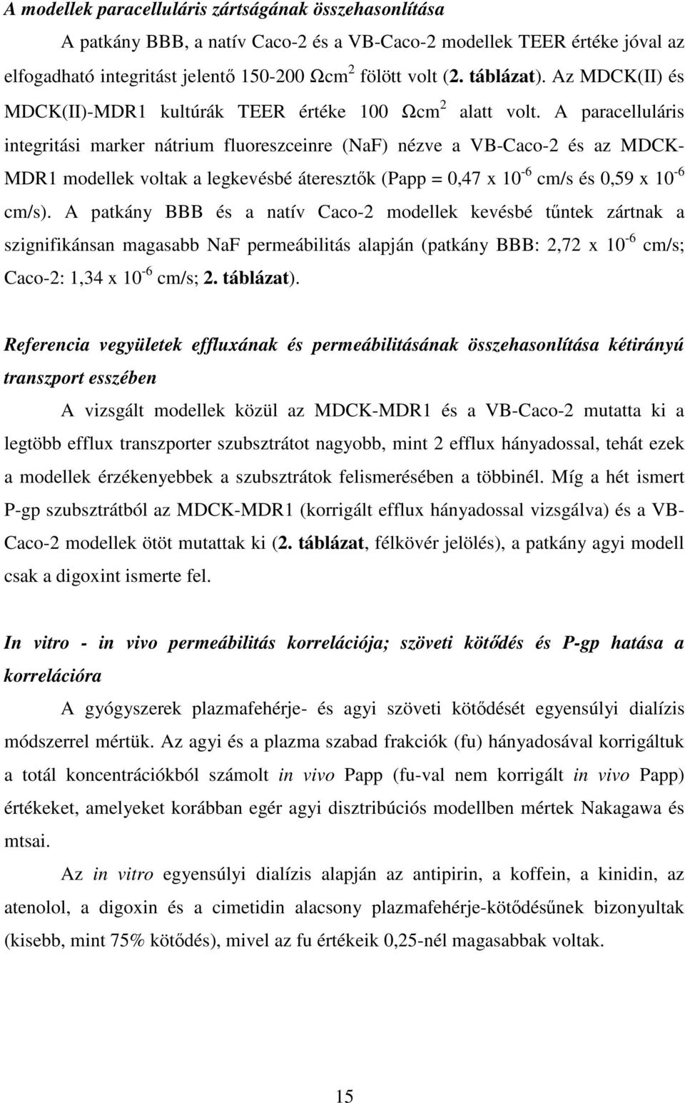 A paracelluláris integritási marker nátrium fluoreszceinre (NaF) nézve a VB-Caco-2 és az MDCK- MDR1 modellek voltak a legkevésbé áteresztk (Papp = 0,47 x 10-6 cm/s és 0,59 x 10-6 cm/s).