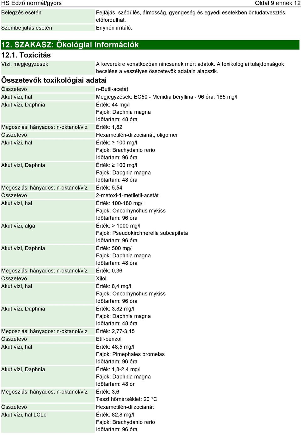 k toxikológiai adatai n-butil-acetát Akut vízi, hal Megjegyzések: EC50 - Menidia beryllina - 96 óra: 185 mg/l Akut vízi, Daphnia Érték: 44 mg/l Fajok: Daphnia magna Időtartam: 48 óra Megoszlási