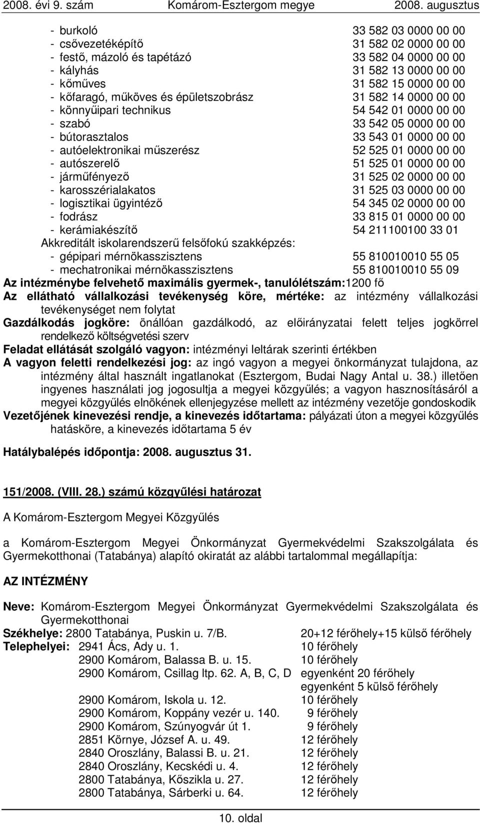 0000 00 00 - autószerelı 51 525 01 0000 00 00 - jármőfényezı 31 525 02 0000 00 00 - karosszérialakatos 31 525 03 0000 00 00 - logisztikai ügyintézı 54 345 02 0000 00 00 - fodrász 33 815 01 0000 00 00