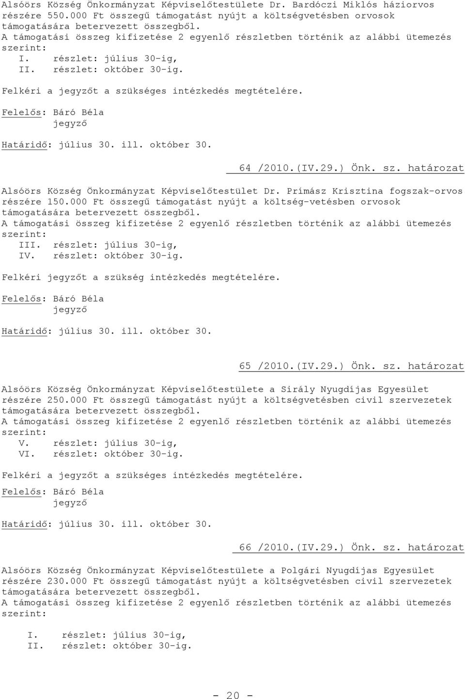 Határidő: július 30. ill. október 30. 64 /2010.(IV.29.) Önk. sz. határozat Alsóörs Község Önkormányzat Képviselőtestület Dr. Prímász Krisztina fogszak-orvos részére 150.