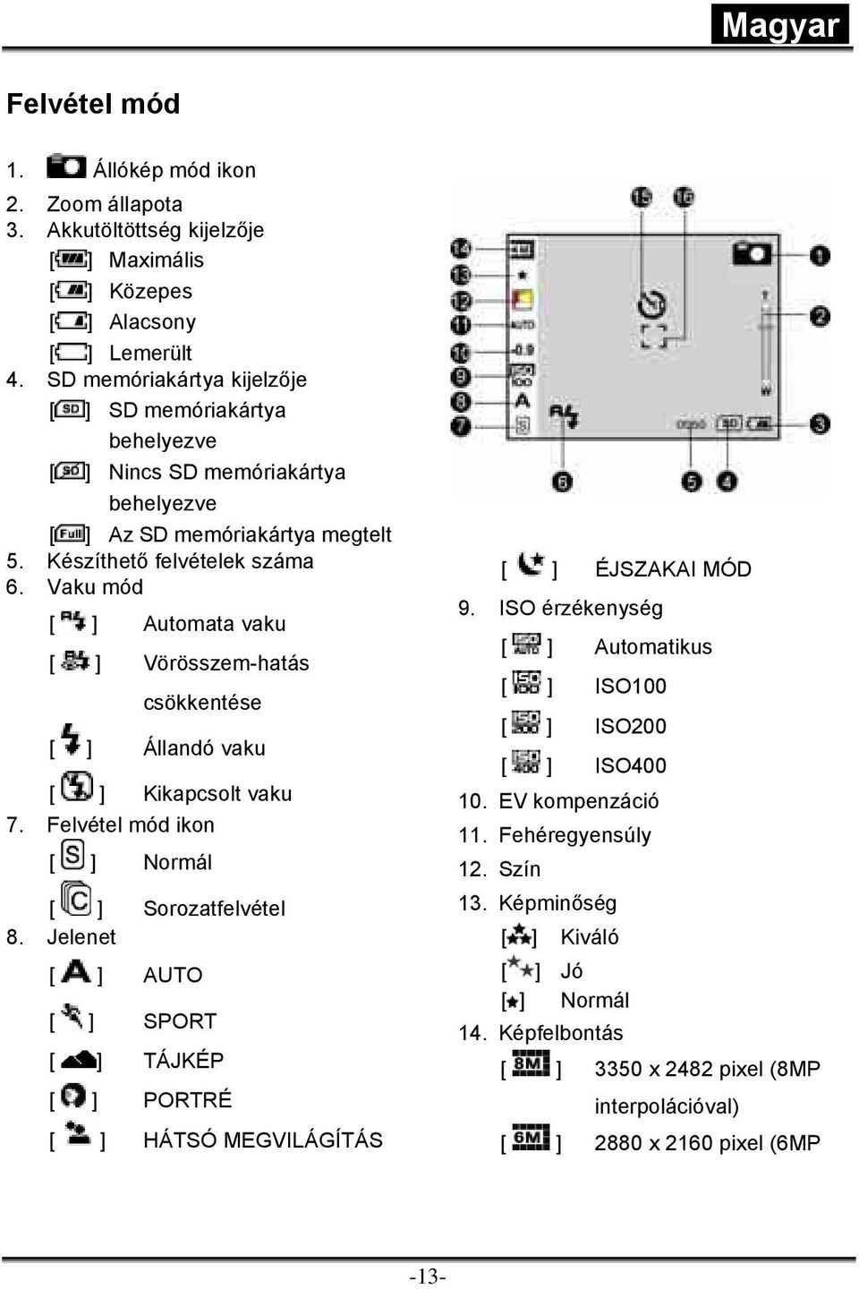 Vaku mód [ ] Automata vaku [ ] Vörösszem-hatás csökkentése [ ] Állandó vaku [ ] Kikapcsolt vaku 7. Felvétel mód ikon [ ] Normál [ ] Sorozatfelvétel 8.