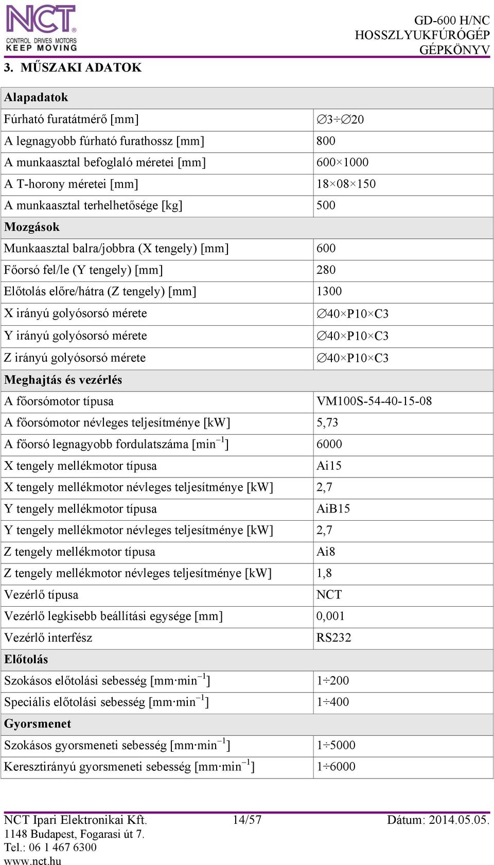 P10 C3 Y irányú golyósorsó mérete 40 P10 C3 Z irányú golyósorsó mérete 40 P10 C3 Meghajtás és vezérlés A főorsómotor típusa VM100S-54-40-15-08 A főorsómotor névleges teljesítménye [kw] 5,73 A főorsó