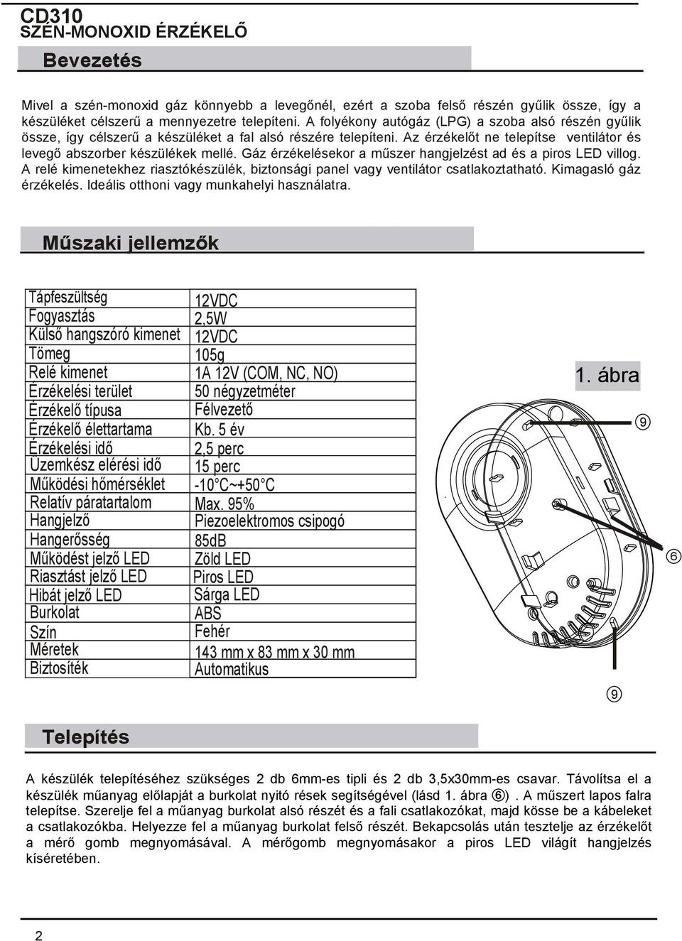 Gáz érzékelésekor a műszer hangjelzést ad és a piros LED villog. A relé kimenetekhez riasztókészülék, biztonsági panel vagy ventilátor csatlakoztatható. Kimagasló gáz érzékelés.