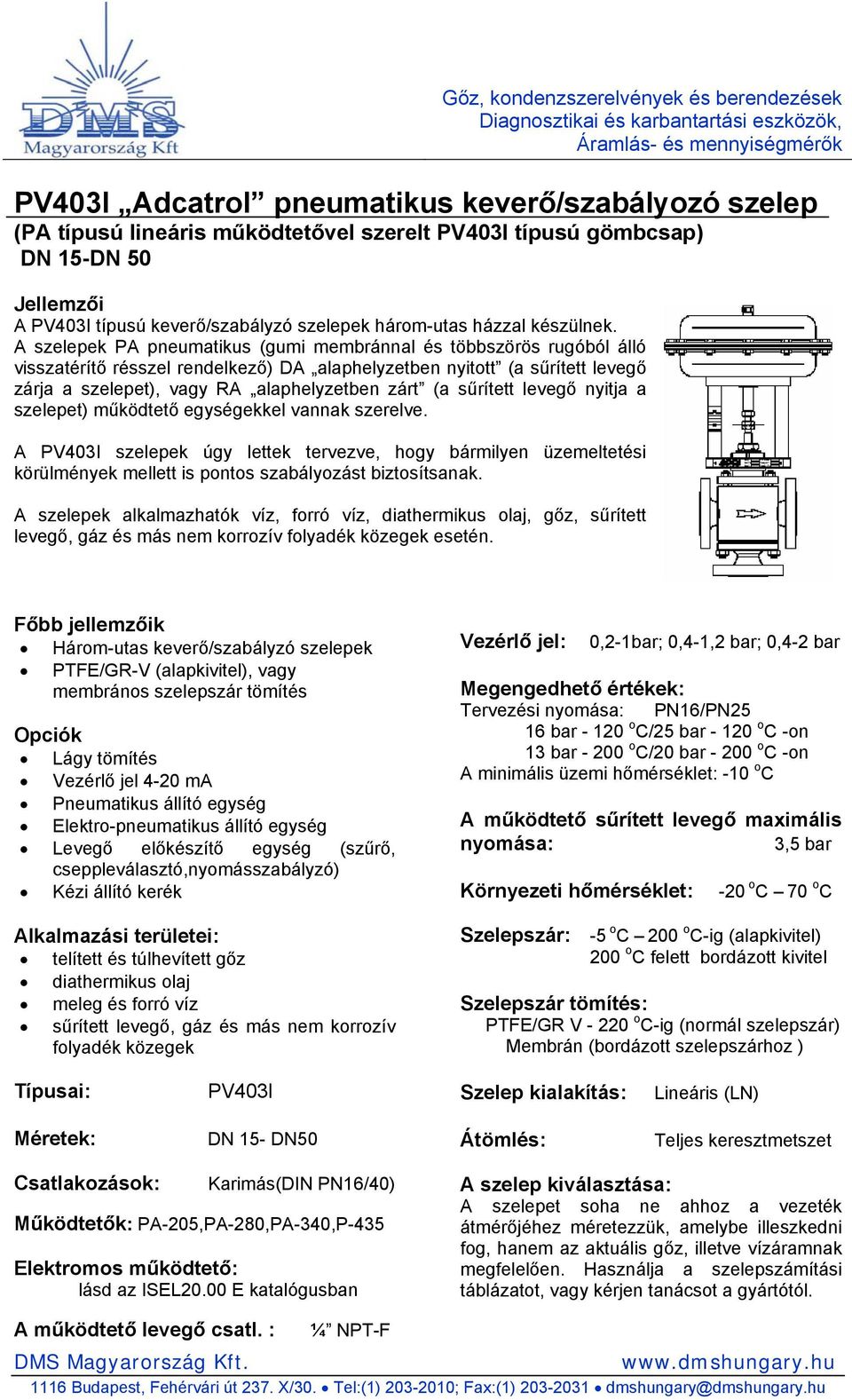 A szelepek PA pneumatikus (gumi membránnal és többszörös rugóból álló visszatérítő résszel rendelkező) DA alaphelyzetben nyitott (a sűrített levegő zárja a szelepet), vagy RA alaphelyzetben zárt (a