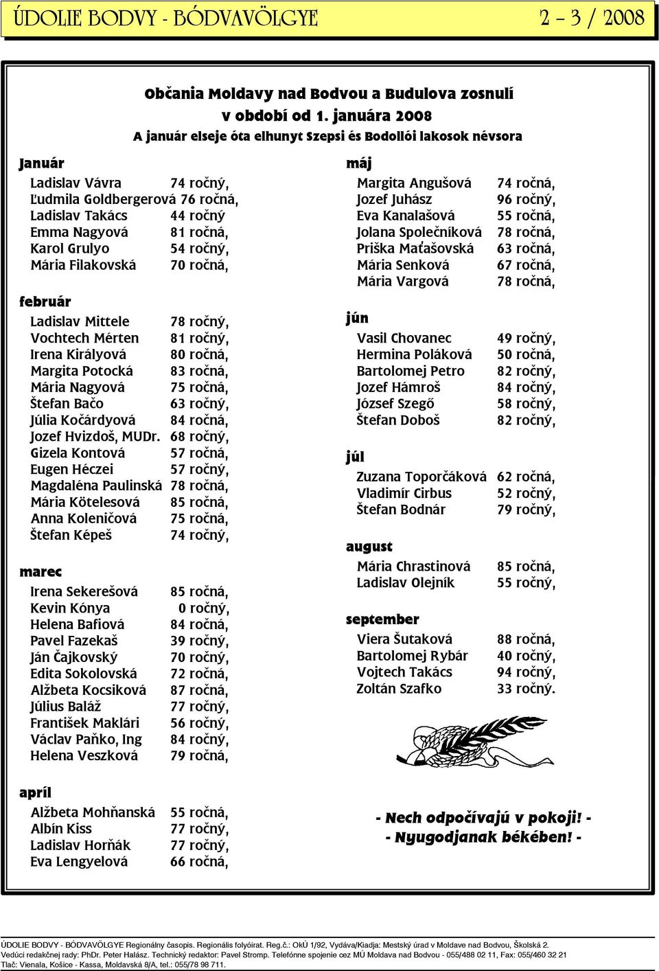 54 ročný, Mária Filakovská 70 ročná, február Ladislav Mittele 78 ročný, Vochtech Mérten 81 ročný, Irena Királyová 80 ročná, Margita Potocká 83 ročná, Mária Nagyová 75 ročná, Štefan Bačo 63 ročný,