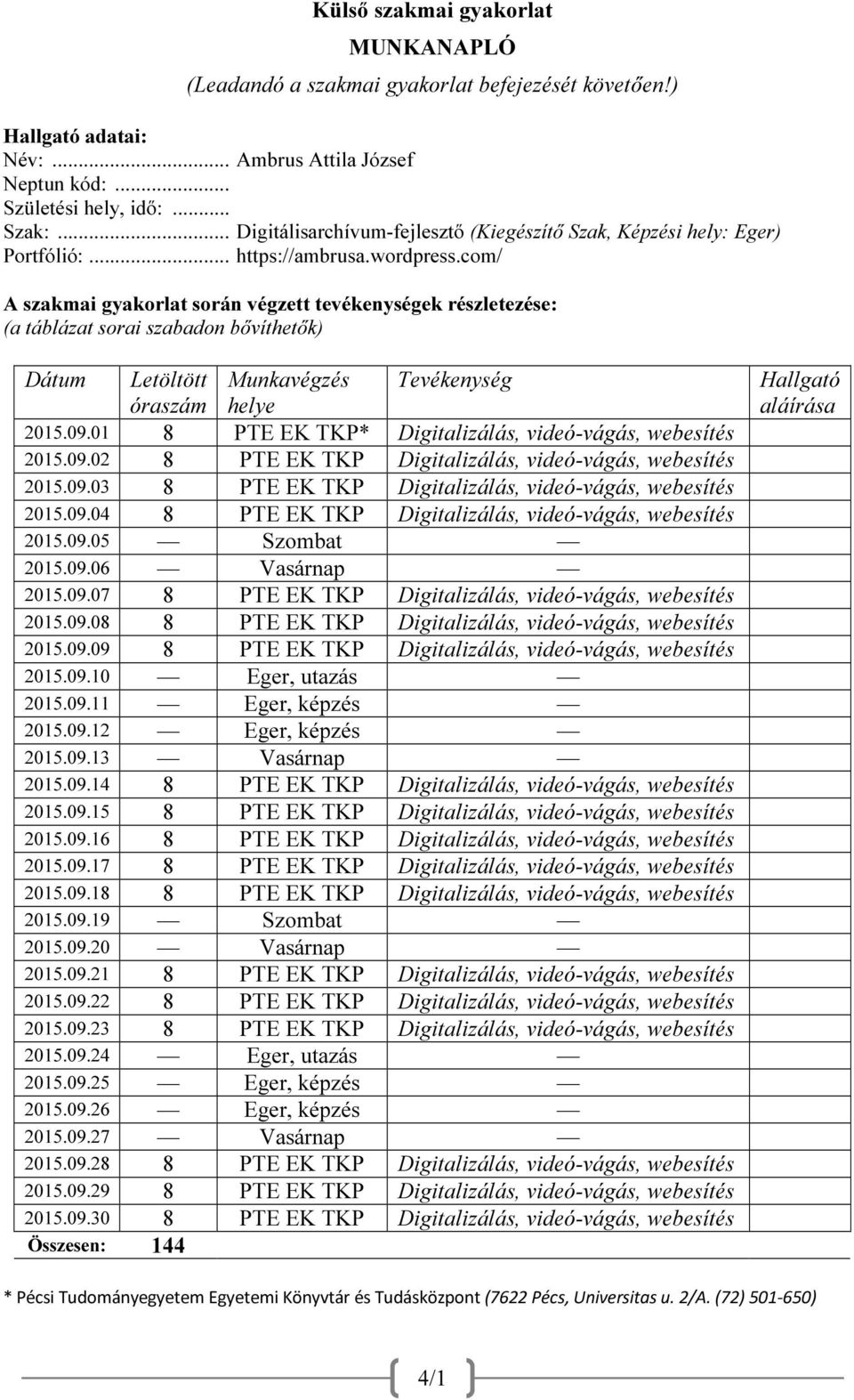 com/ A szakmai gyakorlat során végzett tevékenységek részletezése: (a táblázat sorai szabadon bővíthetők) Dátum Letöltött óraszám Munkavégzés helye Tevékenység 2015.09.