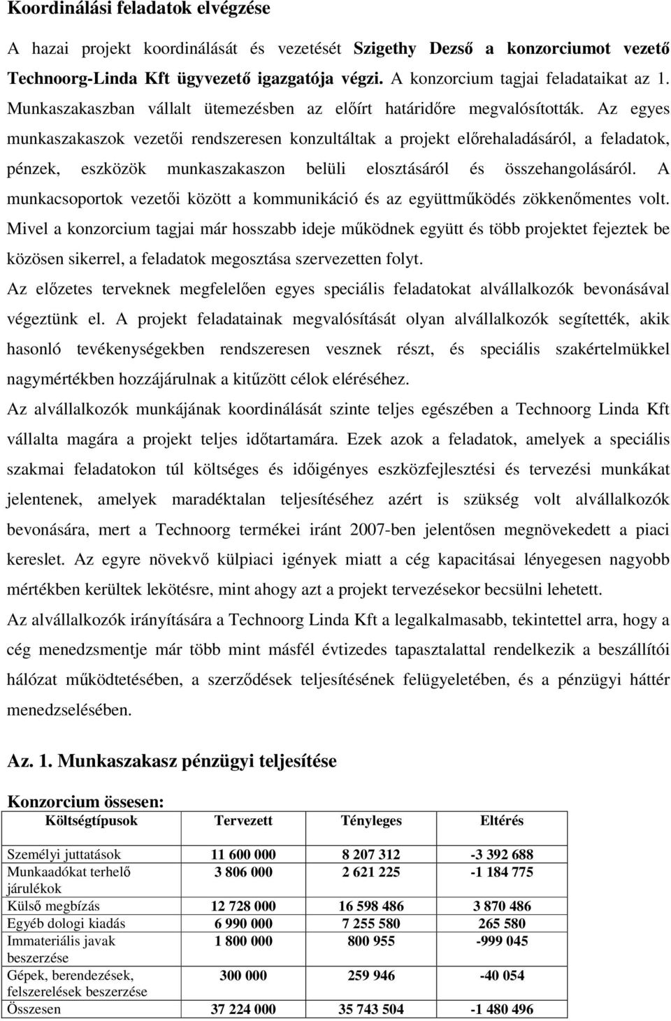 Az egyes munkaszakaszok vezeti rendszeresen konzultáltak a projekt elrehaladásáról, a feladatok, pénzek, eszközök munkaszakaszon belüli elosztásáról és összehangolásáról.