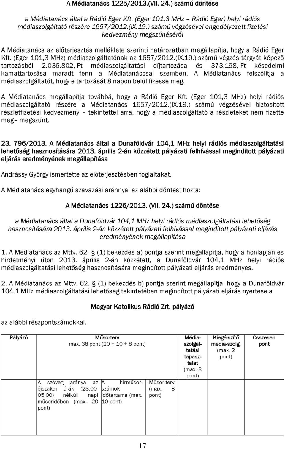 (Eger 101,3 MHz) médiaszolgáltatónak az 1657/2012.(IX.19.) számú végzés tárgyát képező tartozásból 2.036.802,-Ft médiaszolgáltatási díjtartozása és 373.