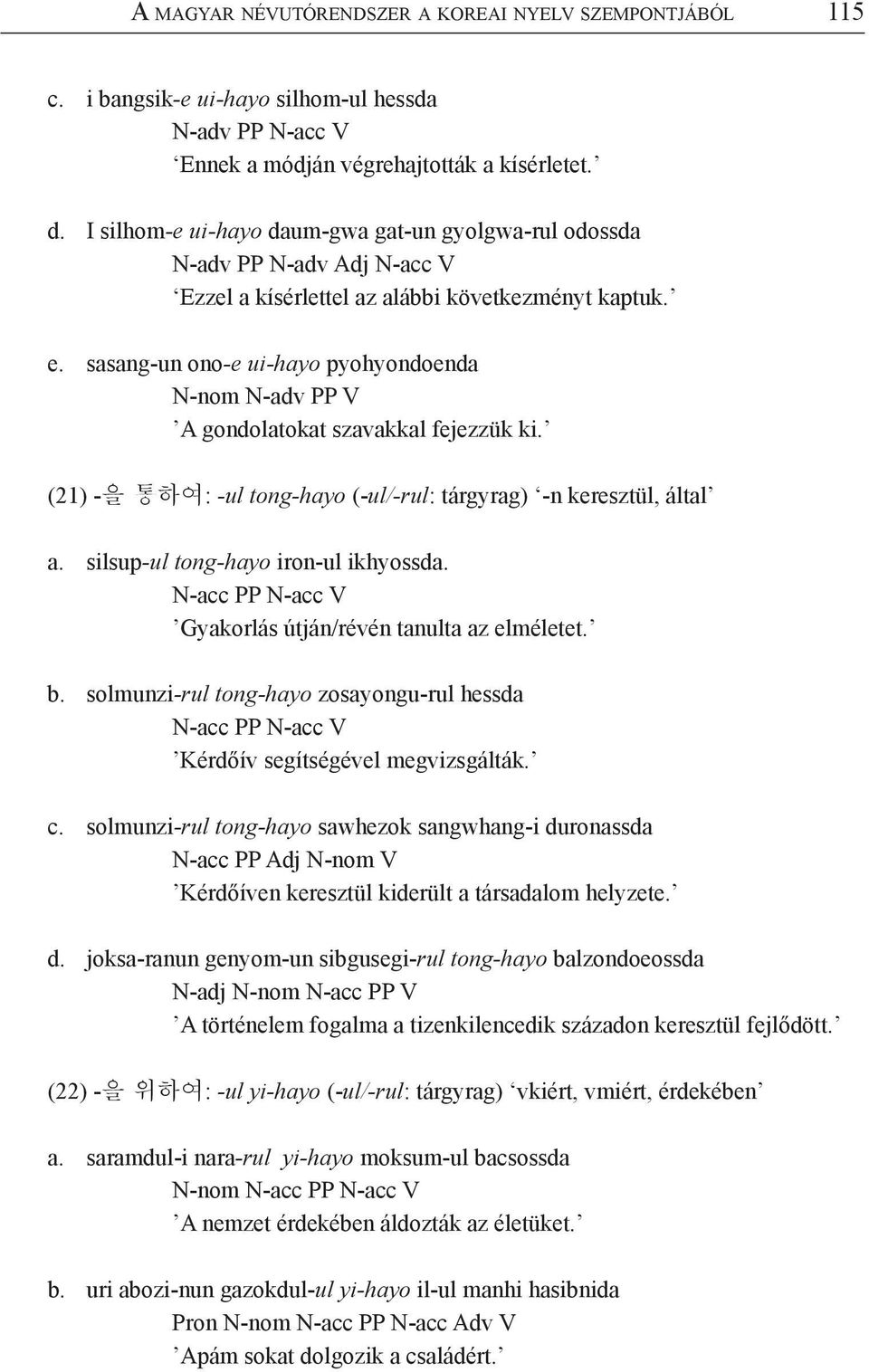 sasang-un ono-e ui-hayo pyohyondoenda N-nom N-adv PP V A gondolatokat szavakkal fejezzük ki. (21) -을 통하여: -ul tong-hayo (-ul/-rul: tárgyrag) -n keresztül, által a.