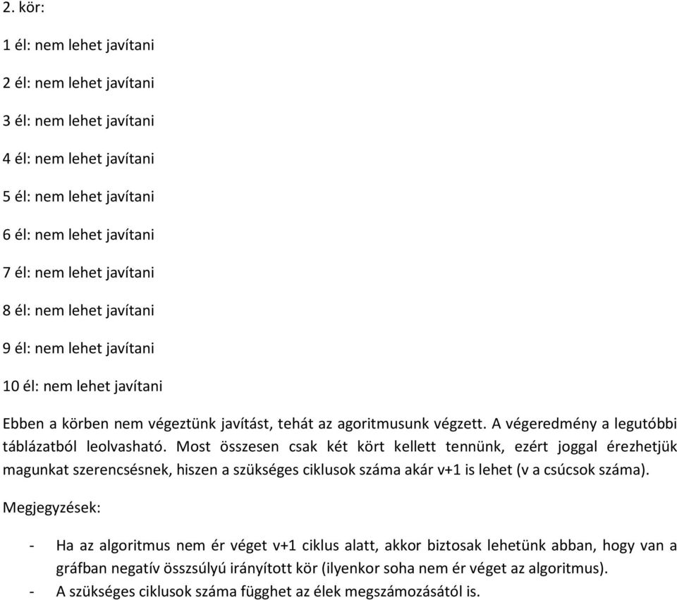 Most összesen csak két kört kellett tennünk, ezért joggal érezhetjük magunkat szerencsésnek, hiszen a szükséges ciklusok száma akár v+1 is lehet (v a csúcsok száma).